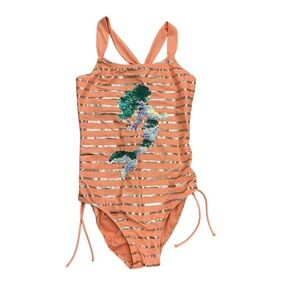 Justice Orange and Green One Piece Swimsuit with Floral Design